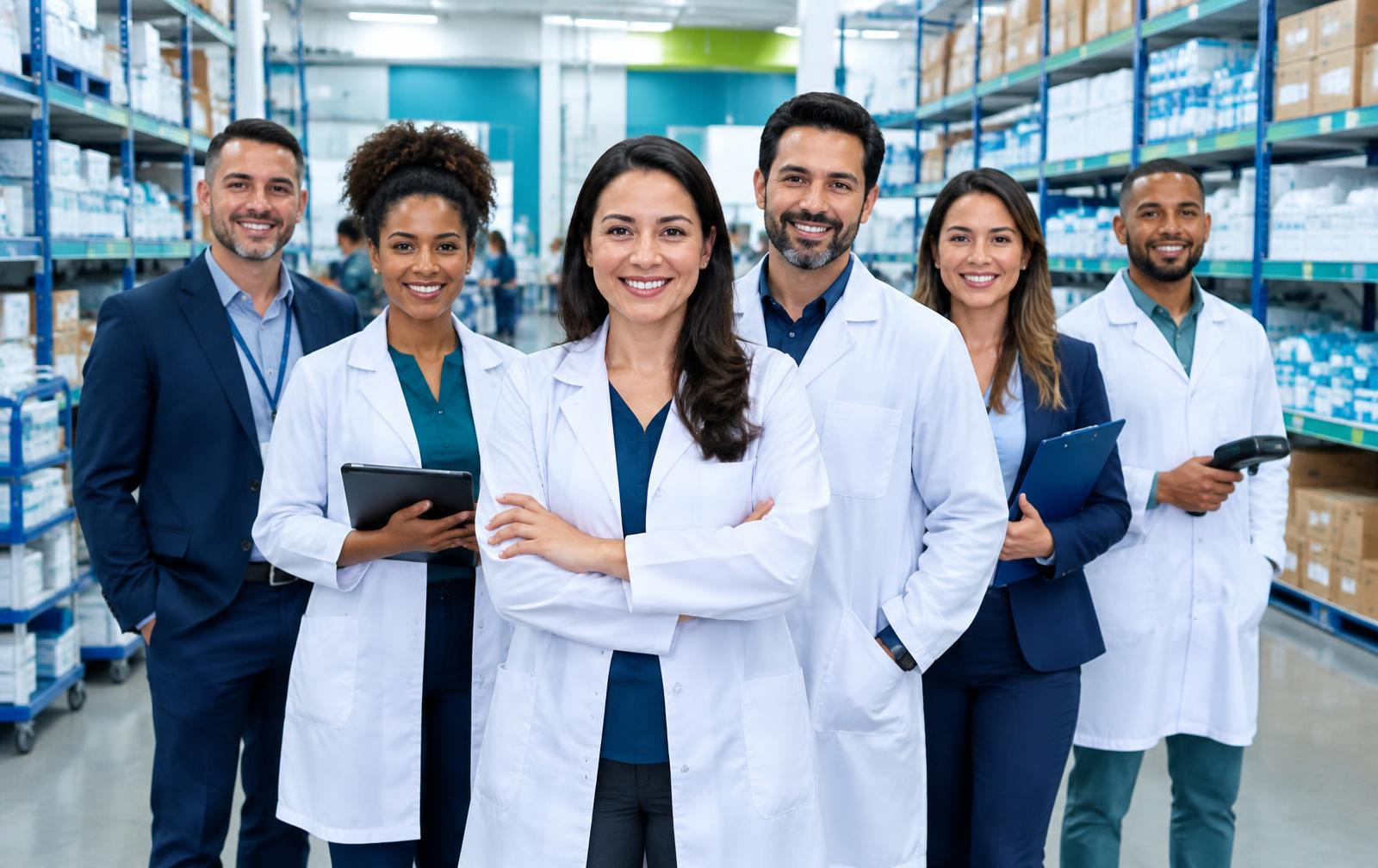 Equipe profissional em centro de distribuição hospitalar
